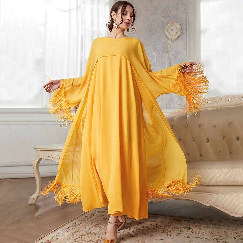 Fringe Trim Wide Sleeve Layered Kaftan Maxi Dress