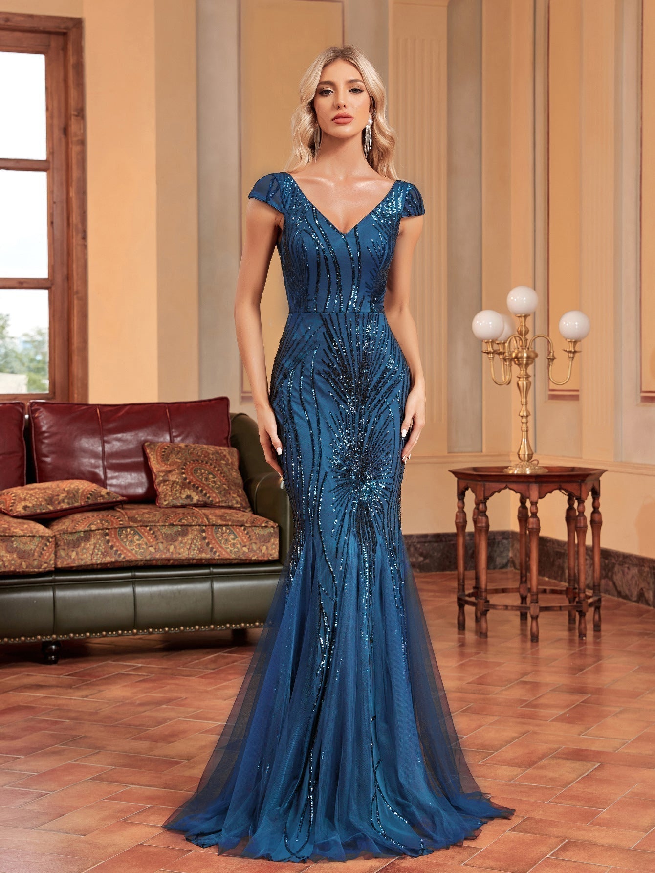 Sequin V-Neck Cap Sleeve Tulle Mermaid Maxi Gown