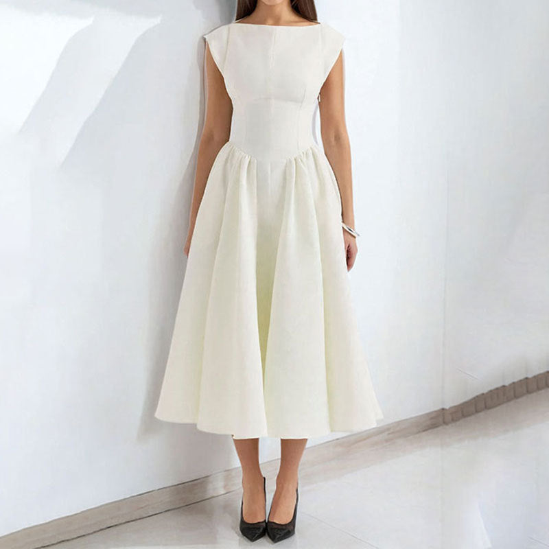 Boat Neck Cap Sleeve Drop Waist Pleated Fit and Flare Midi Dress 8