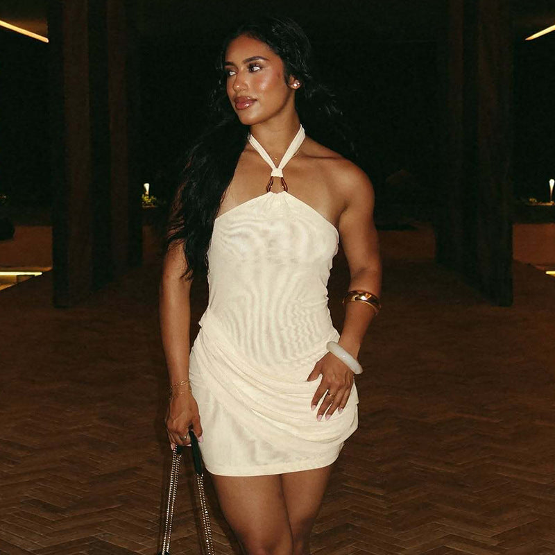 Halter Neck O Ring Draped Mesh Overlay Bodycon Mini Dress 2