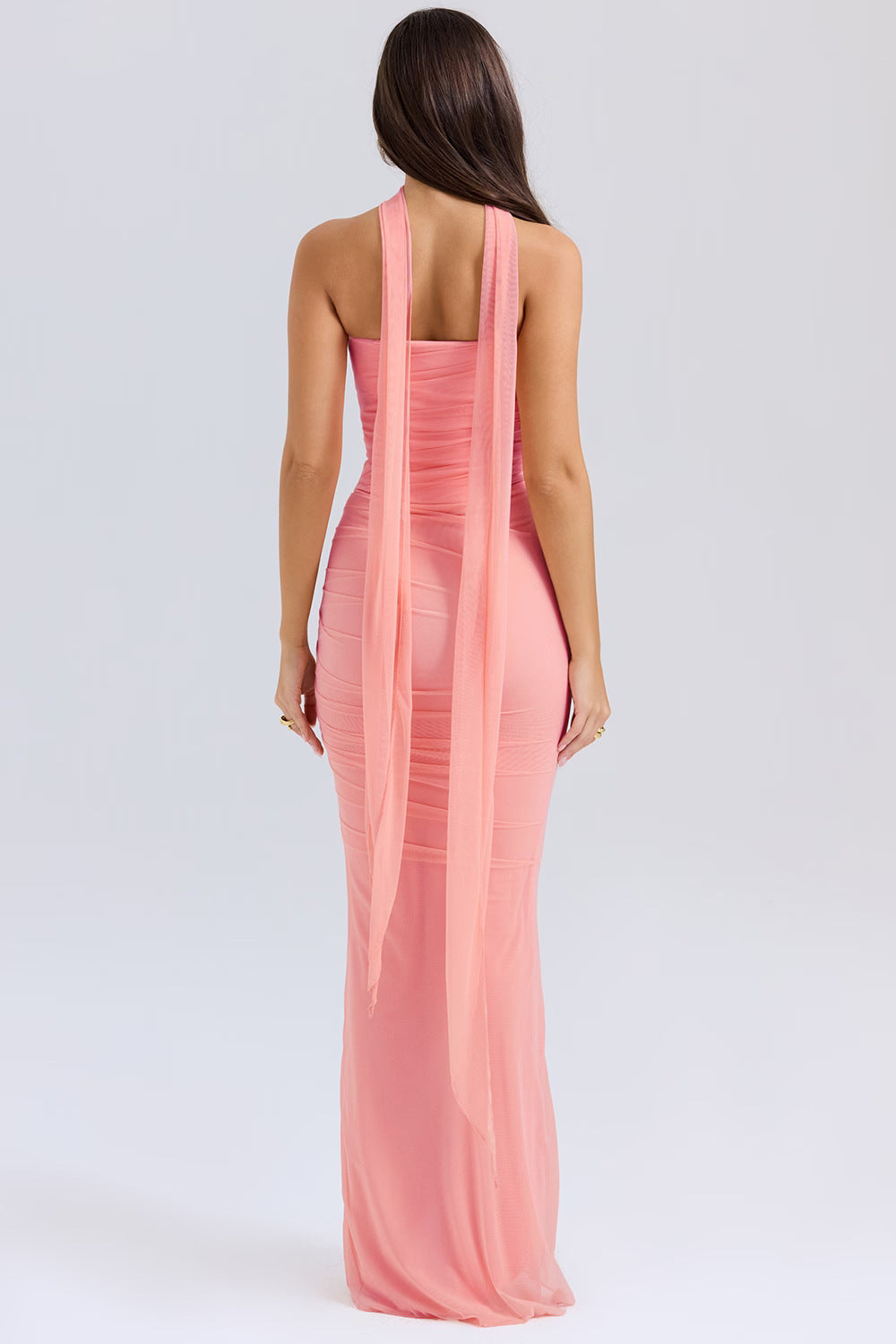 One Shoulder Draped Sash Ruched Fishtail Maxi Gown