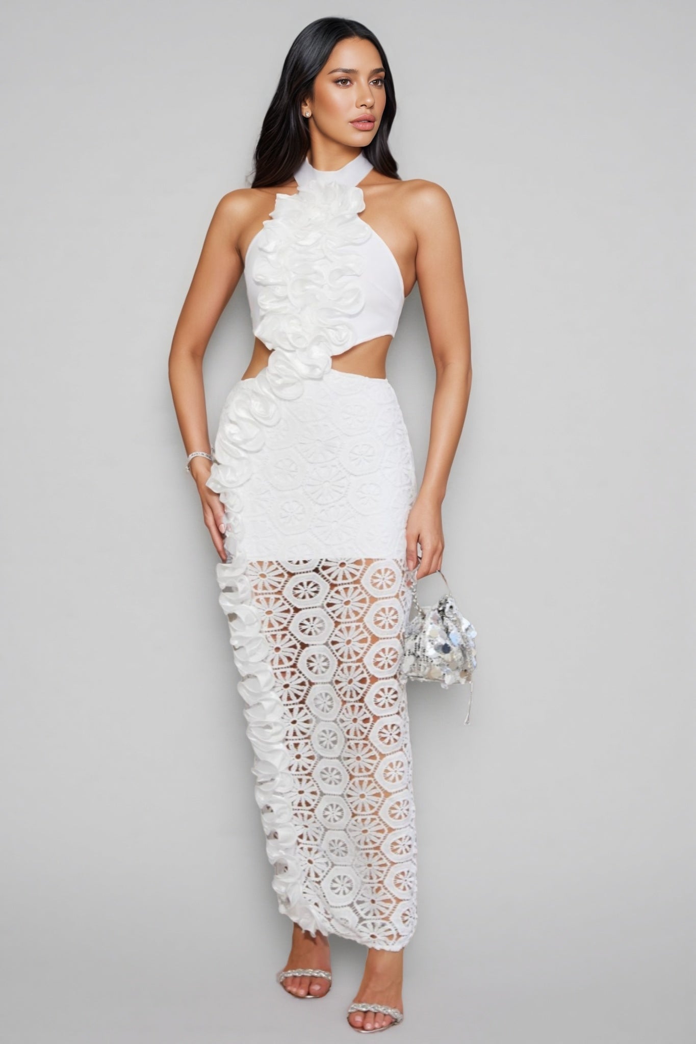 Vedilk 3D Lace Openwork Ruffled Maxi Dress - View 3