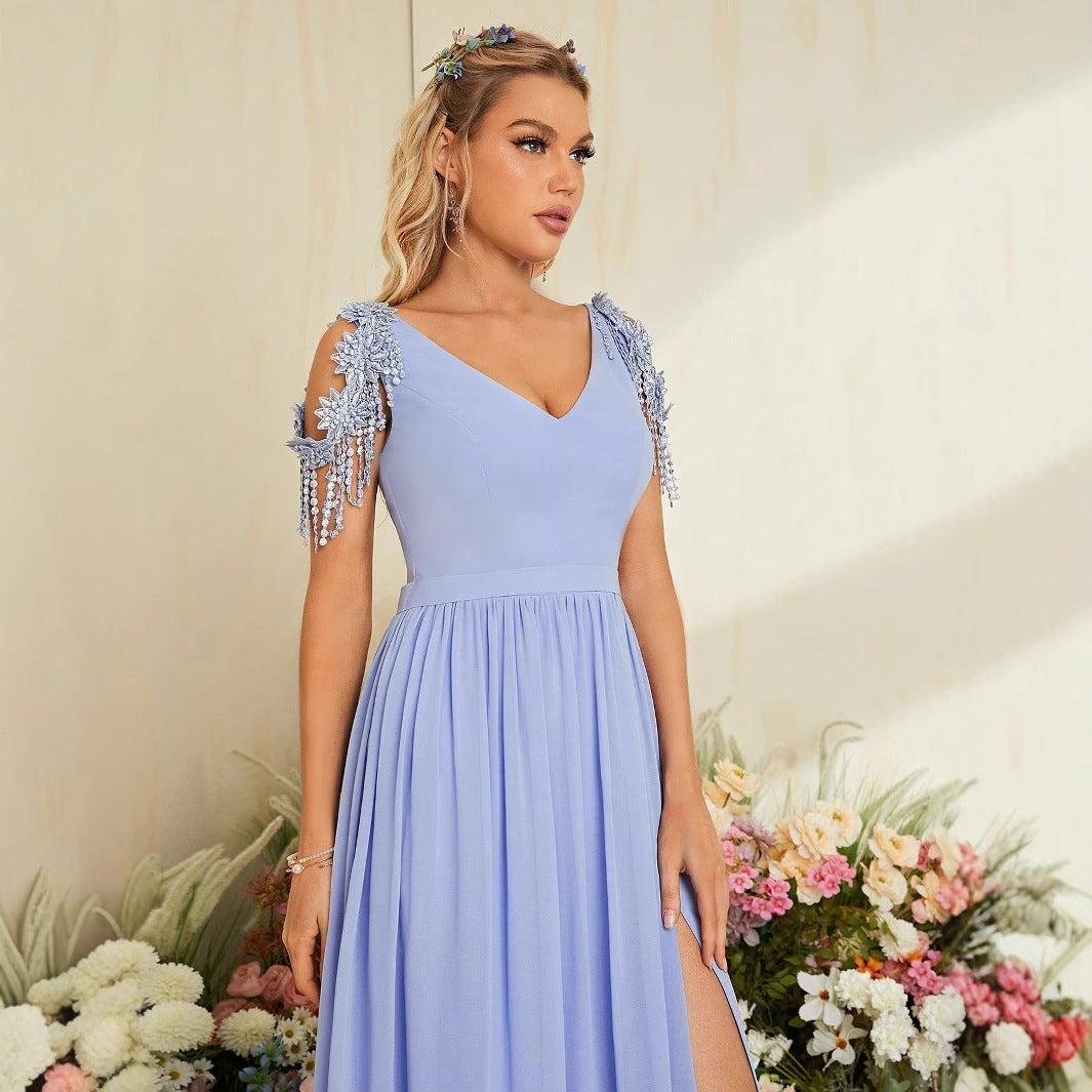V-Neck Tassel Sleeve High Split Chiffon A-Line Maxi Dress