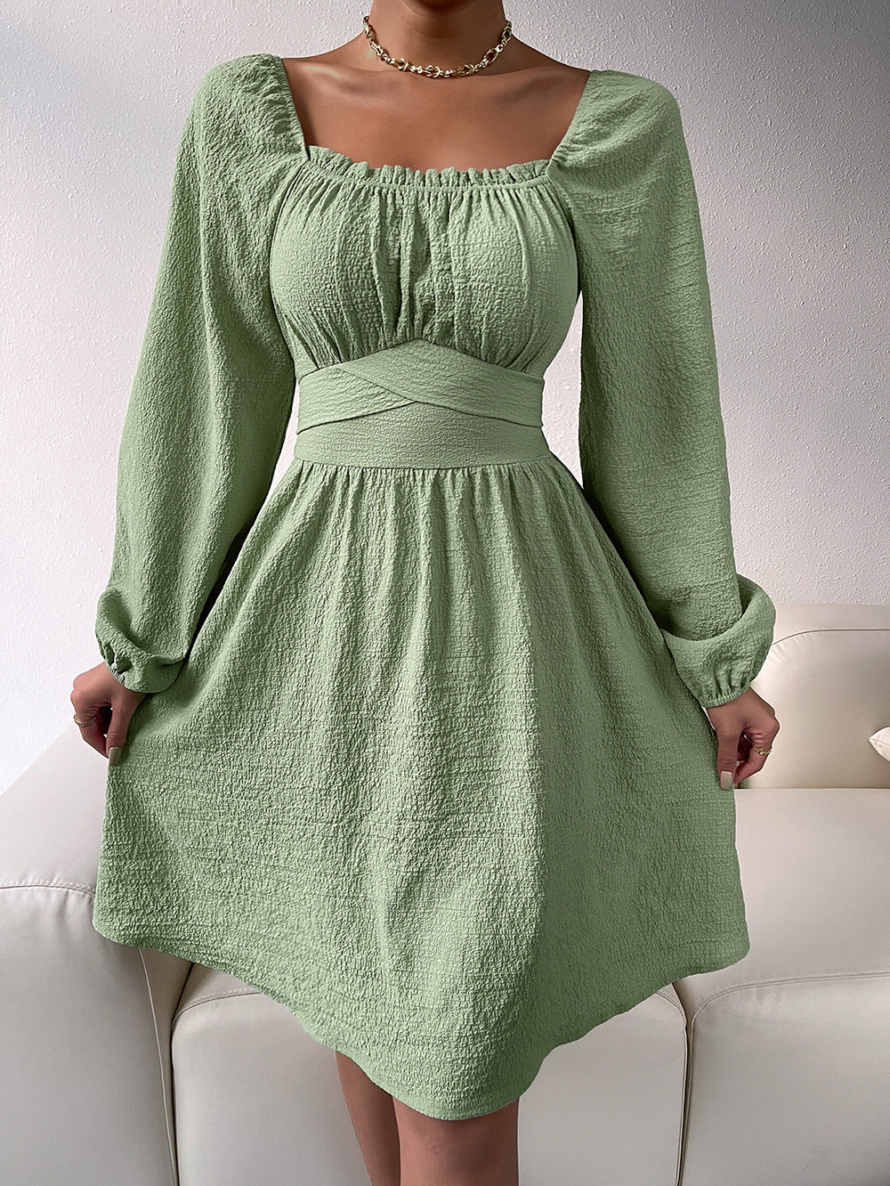 Textured Square Neck Long Sleeve Frill Trim Wrap Waist A-Line Mini Dress 4