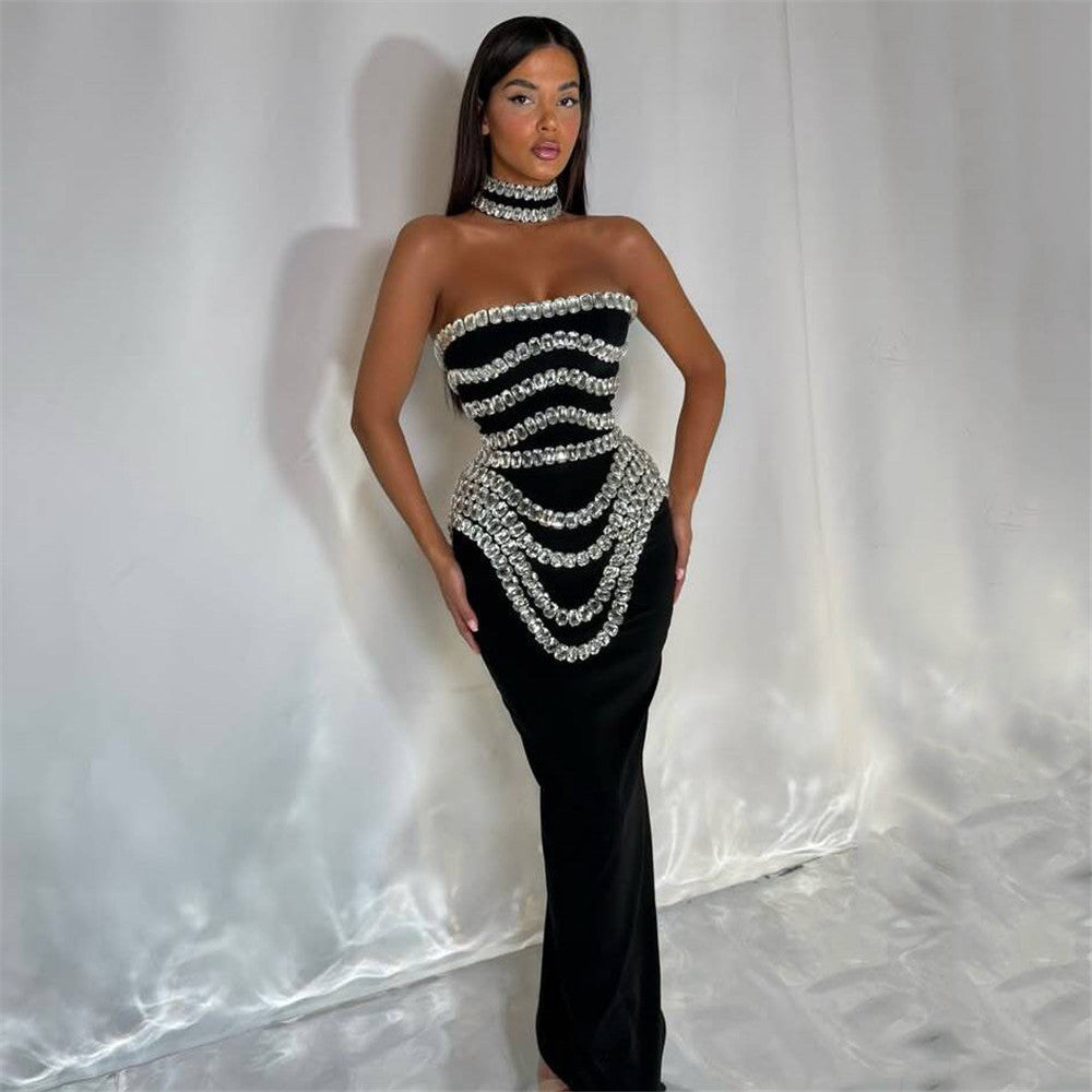 Velvet Strapless Rhinestone Draped Crystal Fringe Column Maxi Gown