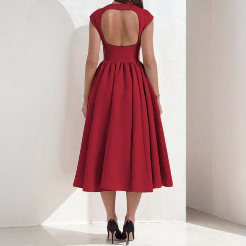 Boat Neck Cap Sleeve Drop Waist Pleated Fit and Flare Midi Dress 2