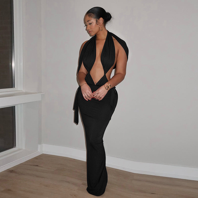 Halter Plunge Neck Backless Cut Out Tie Waist Bodycon Maxi Dress