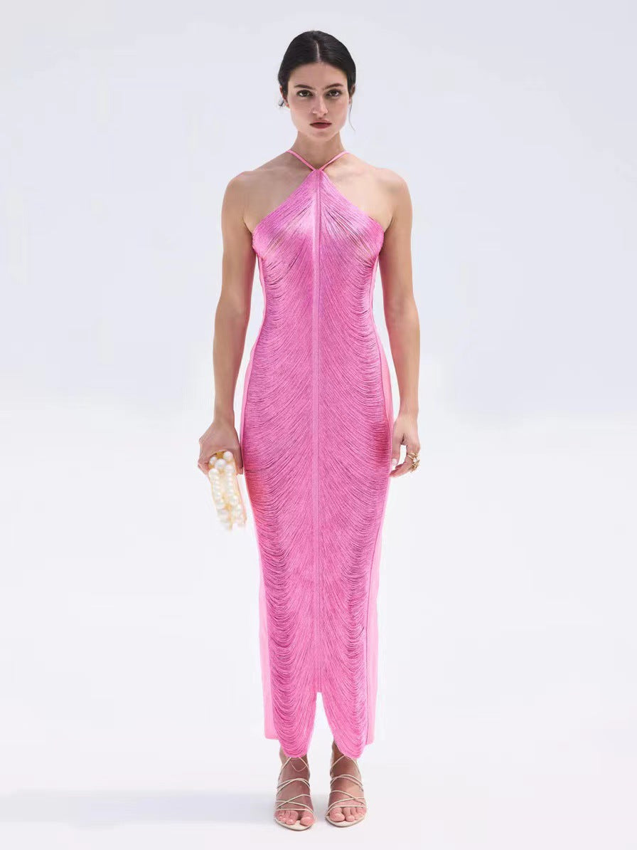 Fringe Halter Neck Back Slit Sleeveless Maxi Gown