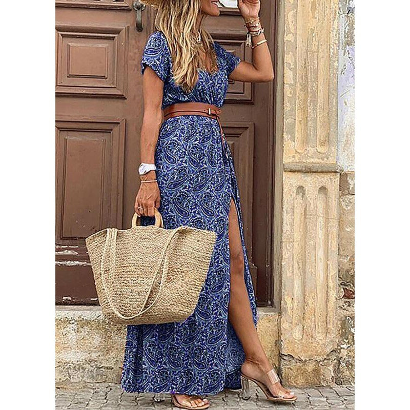 V-Neck Short Sleeve Belted High Split Tiered Boho Maxi Dress