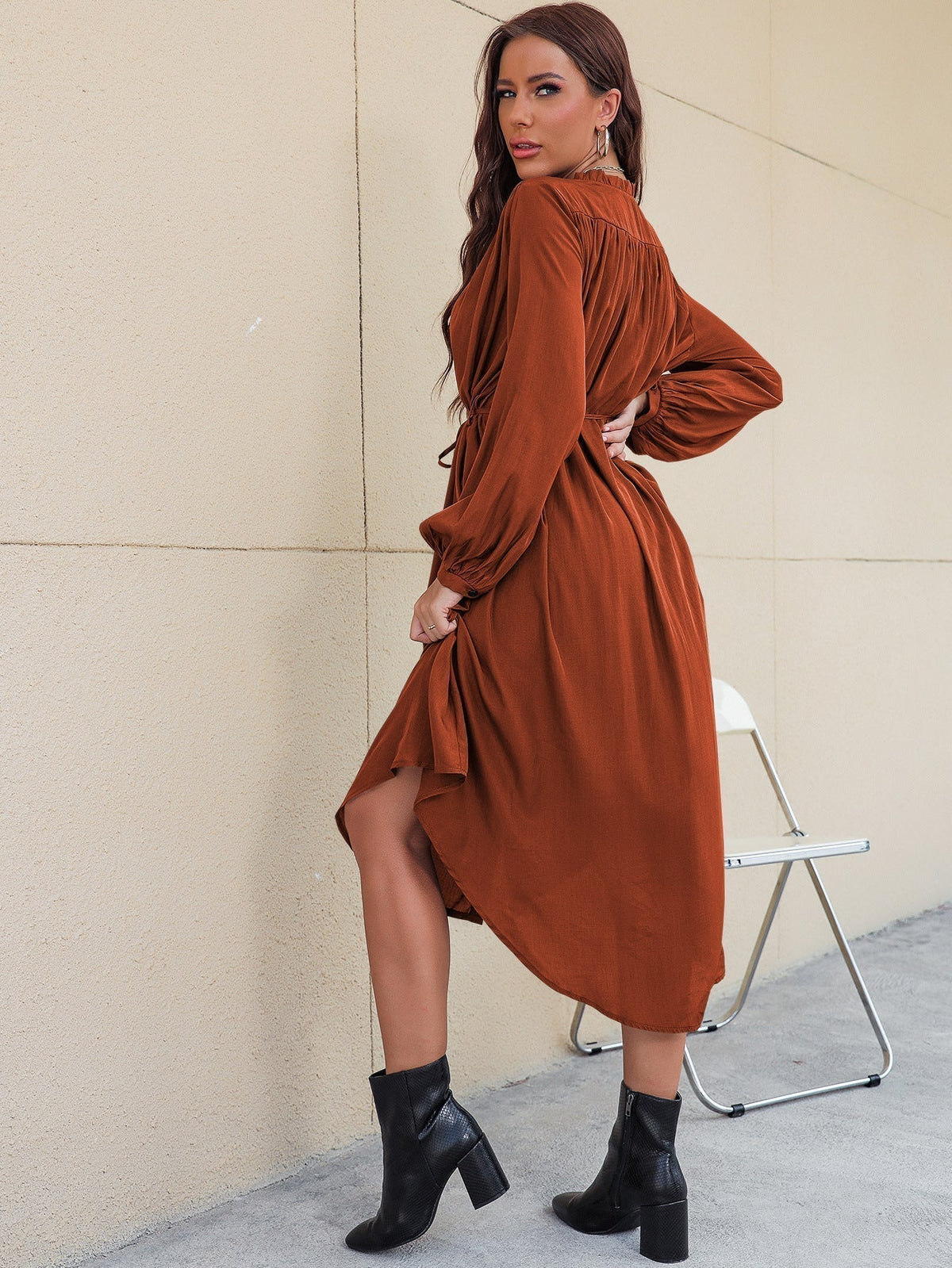 Mock Neck Button Front Long Sleeve Tie Waist High Low Midi Shirt Dress 5