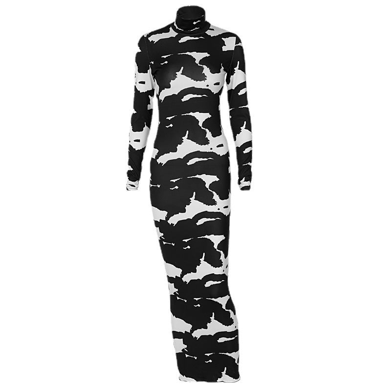 Cow Print Mock Neck Long Sleeve Bodycon Midi Dress 4