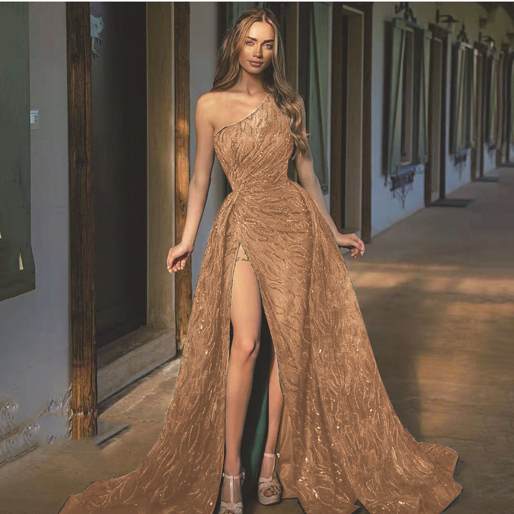 Sequin One Shoulder High Split Maxi Evening Gown
