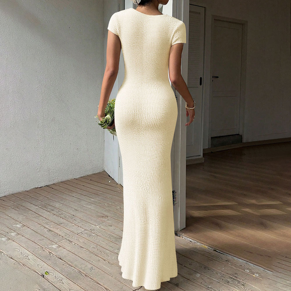 Textured Knit Sweetheart Neck Twist Cut Out Cap Sleeve Mermaid Maxi Dress 2