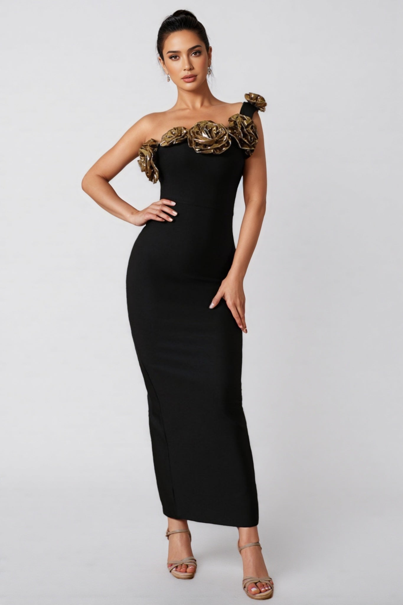 One Shoulder Bandage 3D Floral Midi Dress