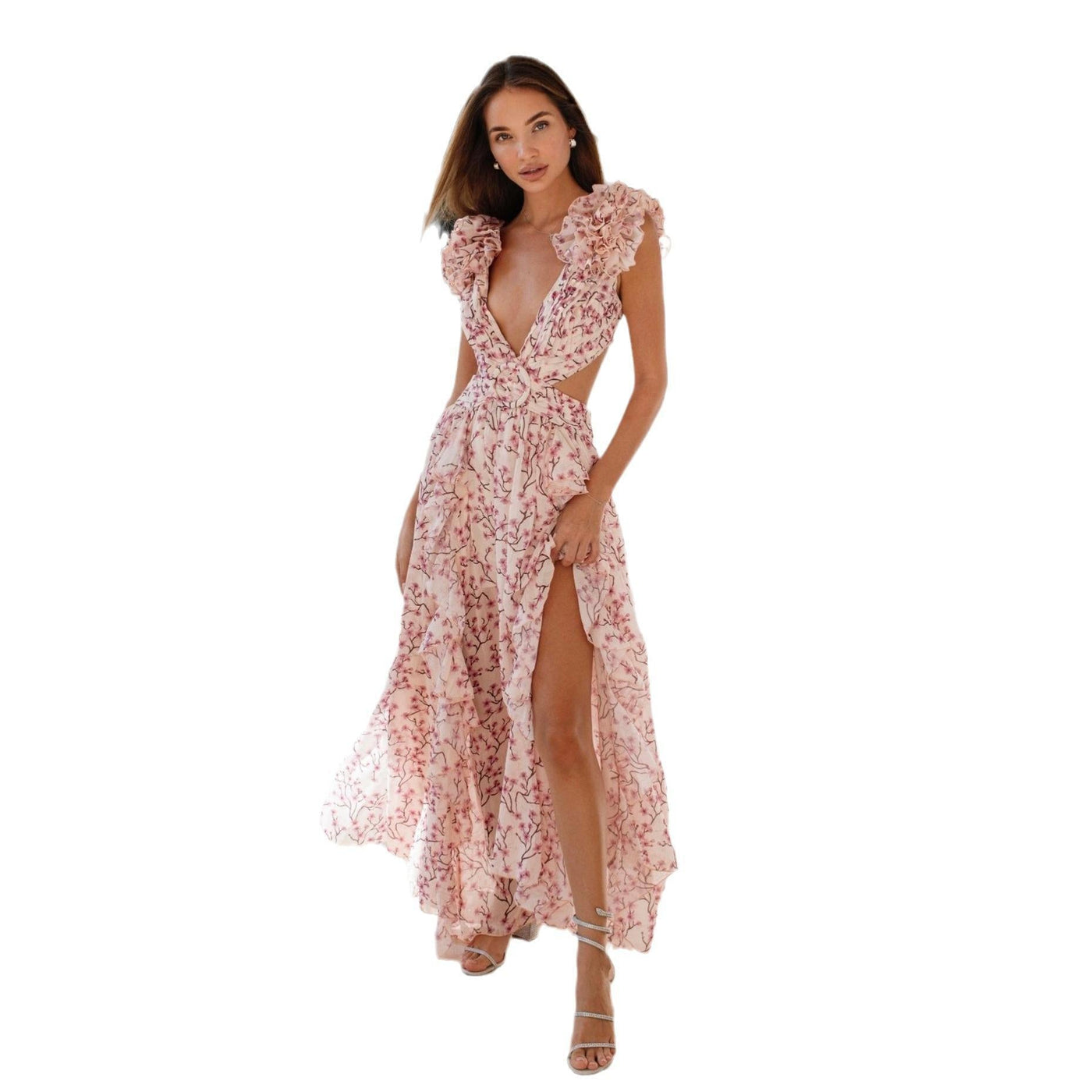Floral Deep V-Neck Ruffle Cut Out High Low Dress 5