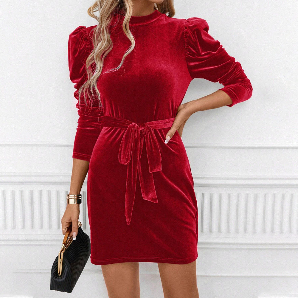 Velvet Mock Neck Puff Long Sleeve Belted Bodycon Mini Dress