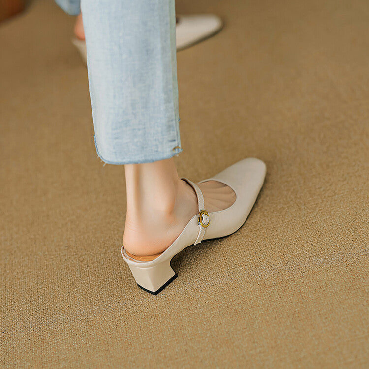 Square Toe Buckle Strap Block Heel Mules