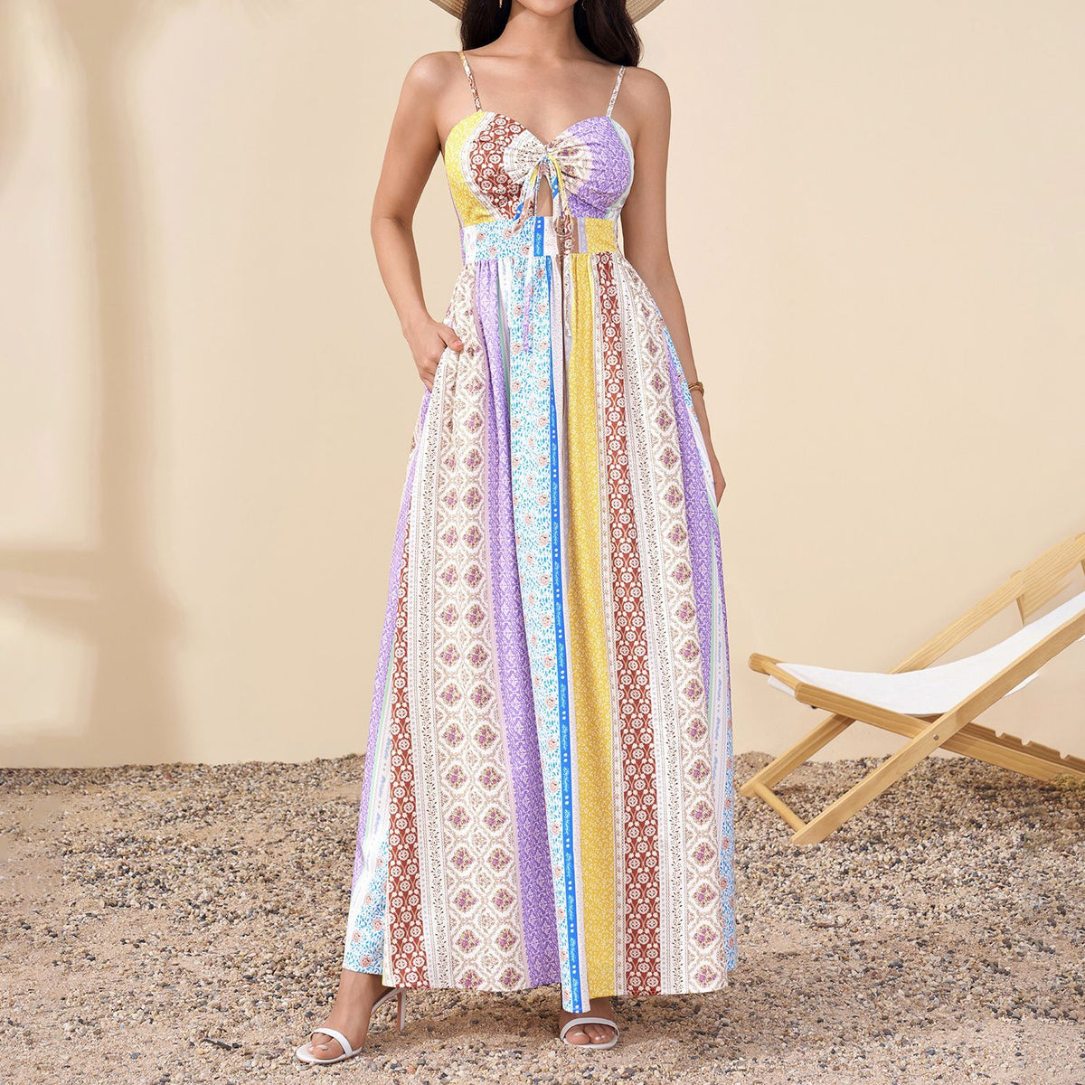 Summer Colorful Printed Dress Sexy Hollow Out Cutout out Strap Waist Slimming Vacation Maxi Dress