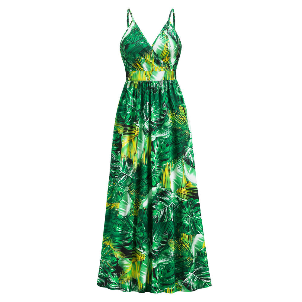 Bohemian Printed Maxi Dress V neck Strap Dress