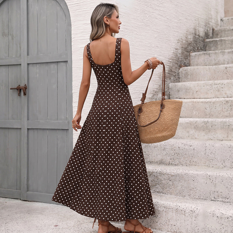 French Vintage Strap Polka Dot Square Collar Sleeveless Dress