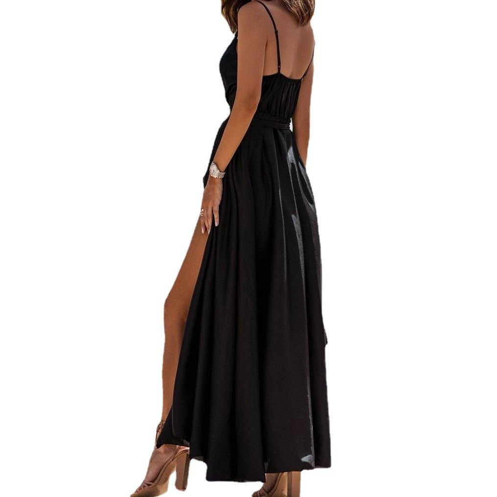 Satin Deep V-Neck Wrap Front Spaghetti Strap High Split Maxi Dress