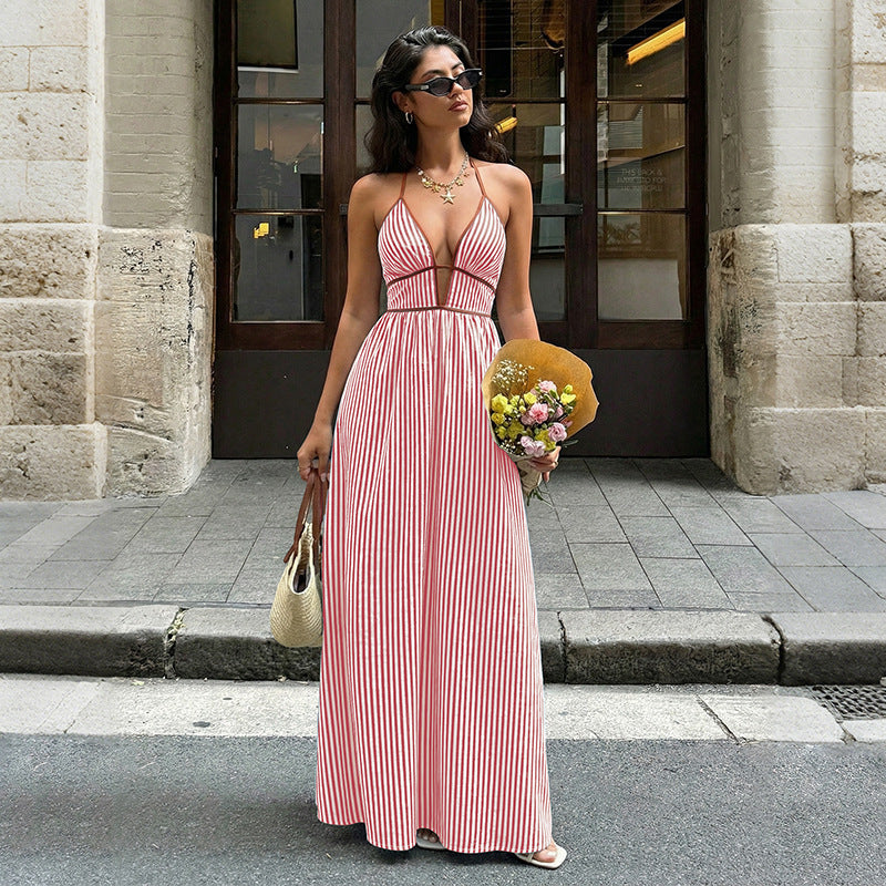 Striped Halter Deep V-Neck Contrast Trim Backless A-Line Maxi Dress 4