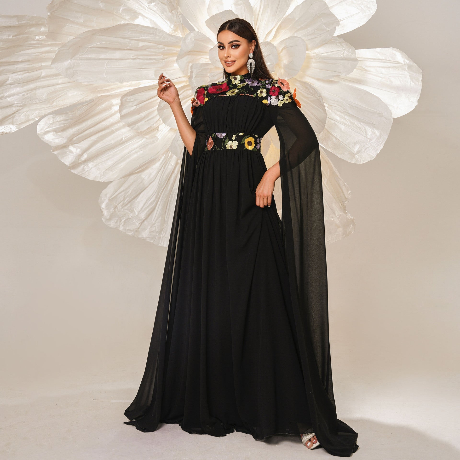 High Neck 3D Floral Applique Cape Sleeve Pleated Chiffon Maxi Gown