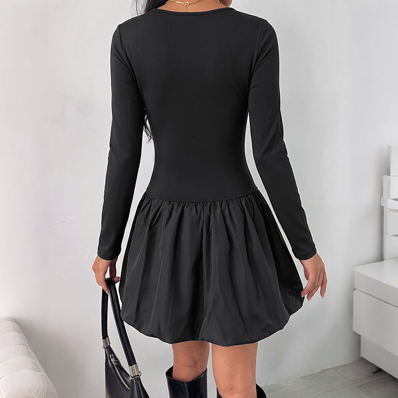 Black Short Bud Skirt Autumn Winter Slim Fit Square Collar Long Sleeve Stitching Dress Women Clothing