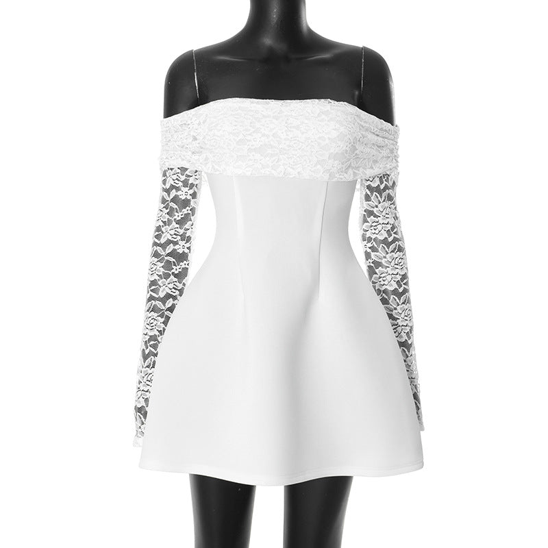 Off-Neck Lace Stitching Long Sleeve A-Line Dress
