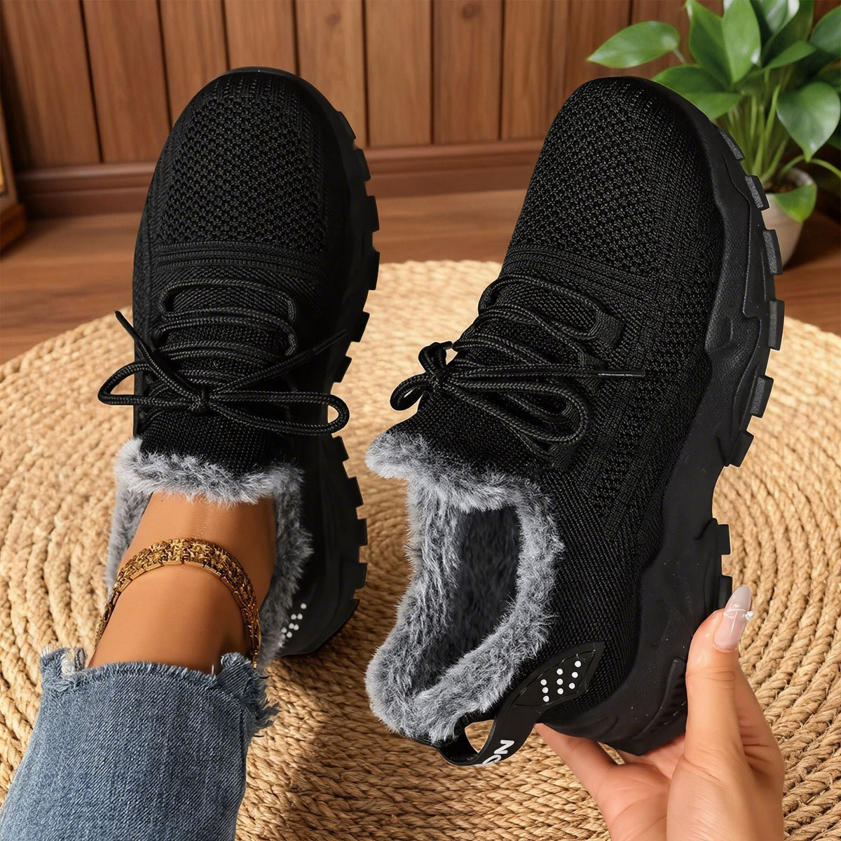 Lace Up Fleece Lined Chunky Lug Sole Sneakers