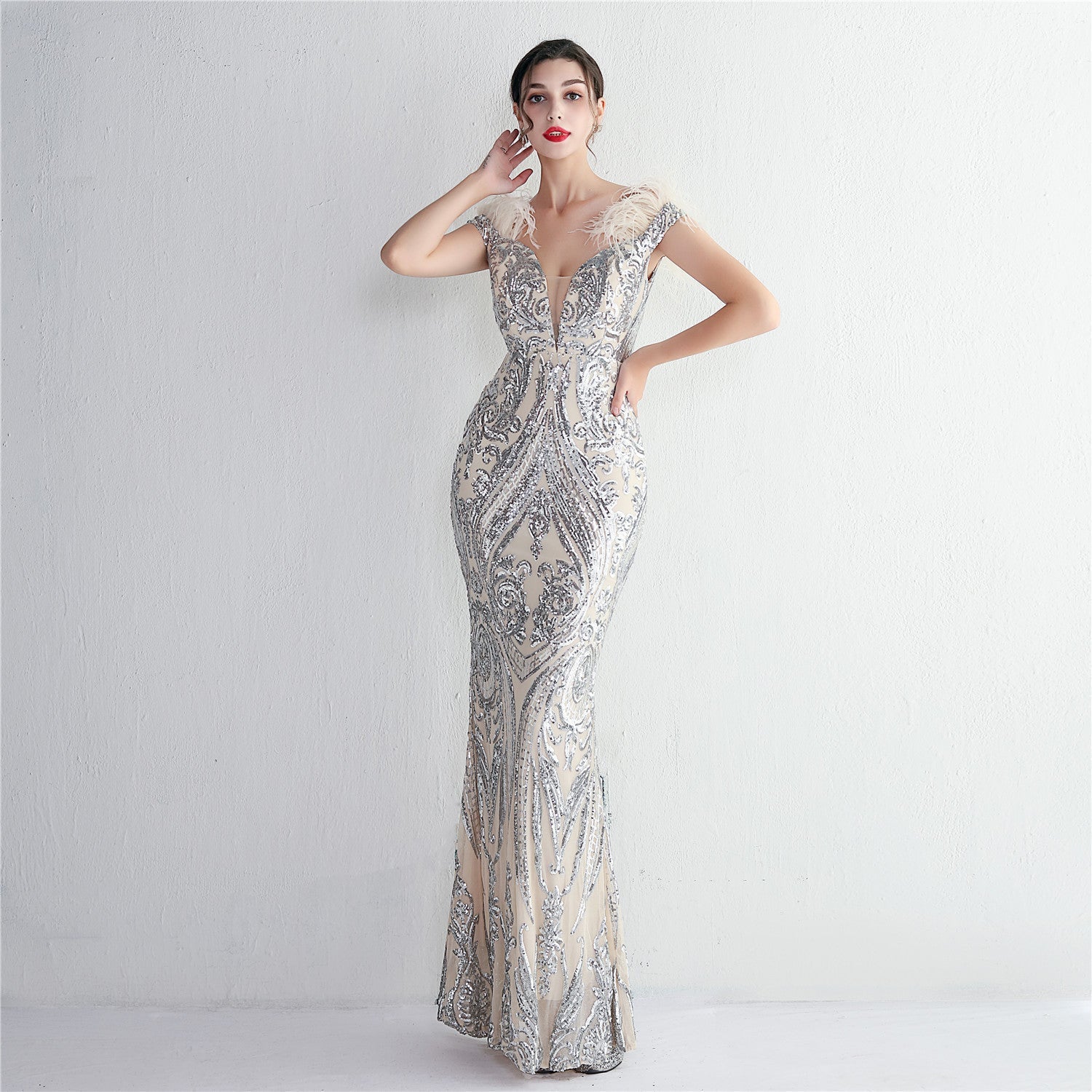 Off Shoulder Feather Deep V-Neck Sequin Mermaid Gown