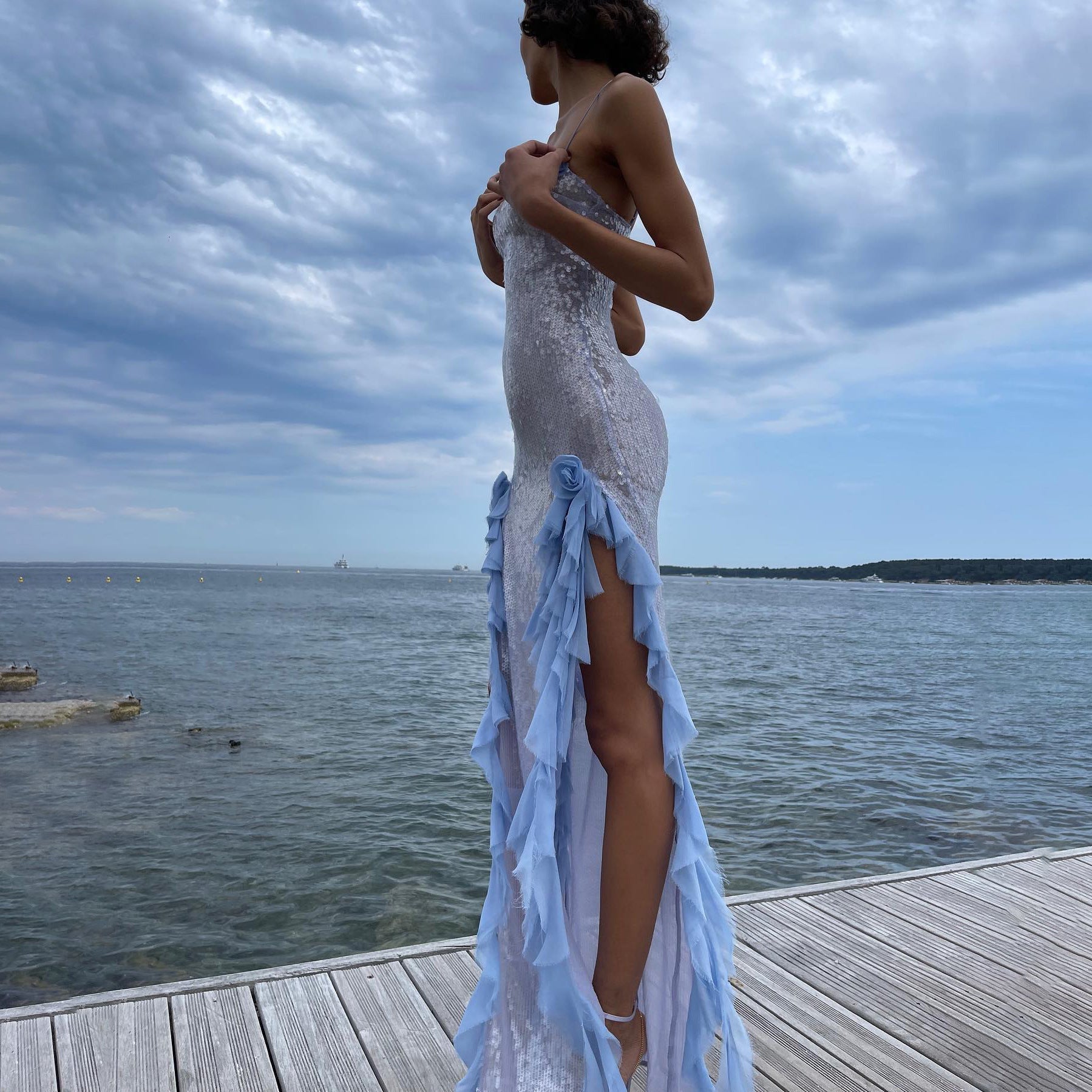 Sequin Spaghetti Strap Square Neck Ruffle Trim Slip Maxi Evening Gown