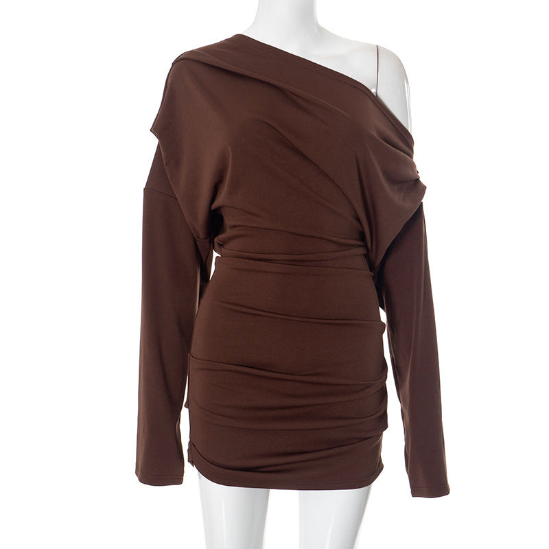 Asymmetric Off Shoulder Draped Long Flare Sleeve Ruched Bodycon Mini Dress 2