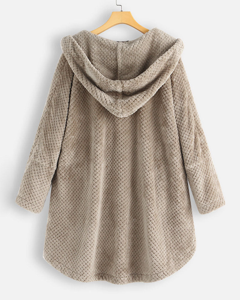 Button Closure Rounded Hem Hooded Sweatshirt Jacket