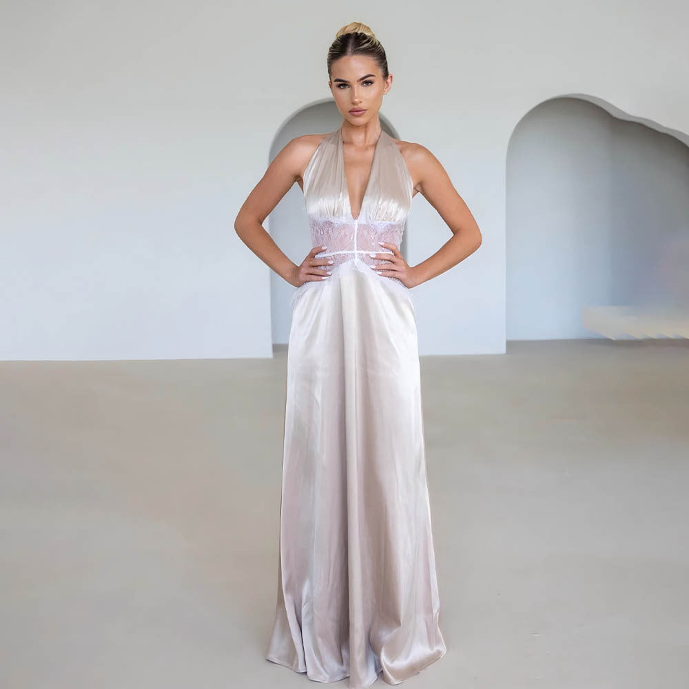 Dinner Elegant Lace - Paneled Halter Maxi Dress - View 4