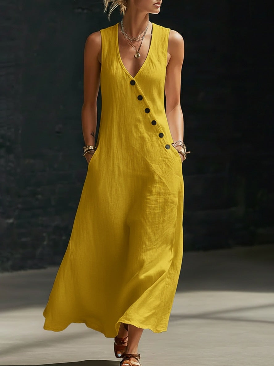 V-Neck Sleeveless Button Front Linen Maxi Dress 9