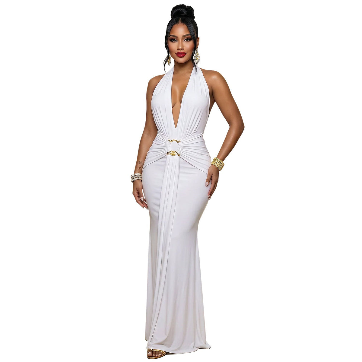 Halter Neck Deep V Plunge Ring Detail Draped Mermaid Maxi Dress 7