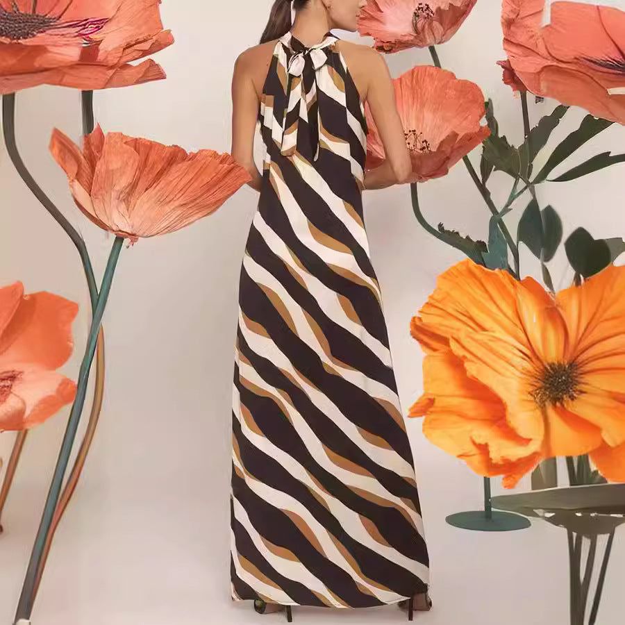 Diagonal Stripe Print Halter Neck Sleeveless Column Maxi Dress 2