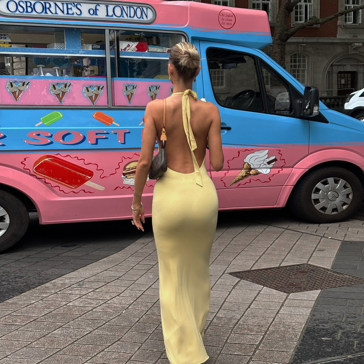 Women Clothing Summer Sexy V neck Halter Backless High Waist Slim Solid Color Dress