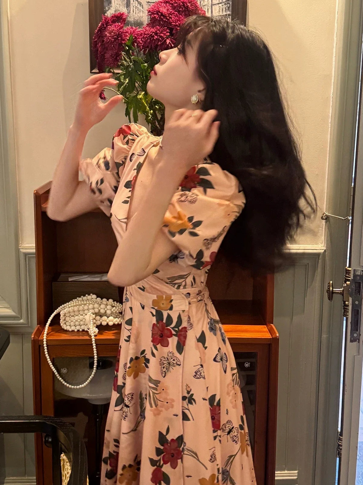 Floral V-Neck Puff Sleeve Fit and Flare Midi Dress 3