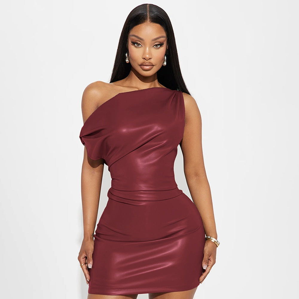 Faux Leather Asymmetric Draped One Shoulder Bodycon Mini Dress 2