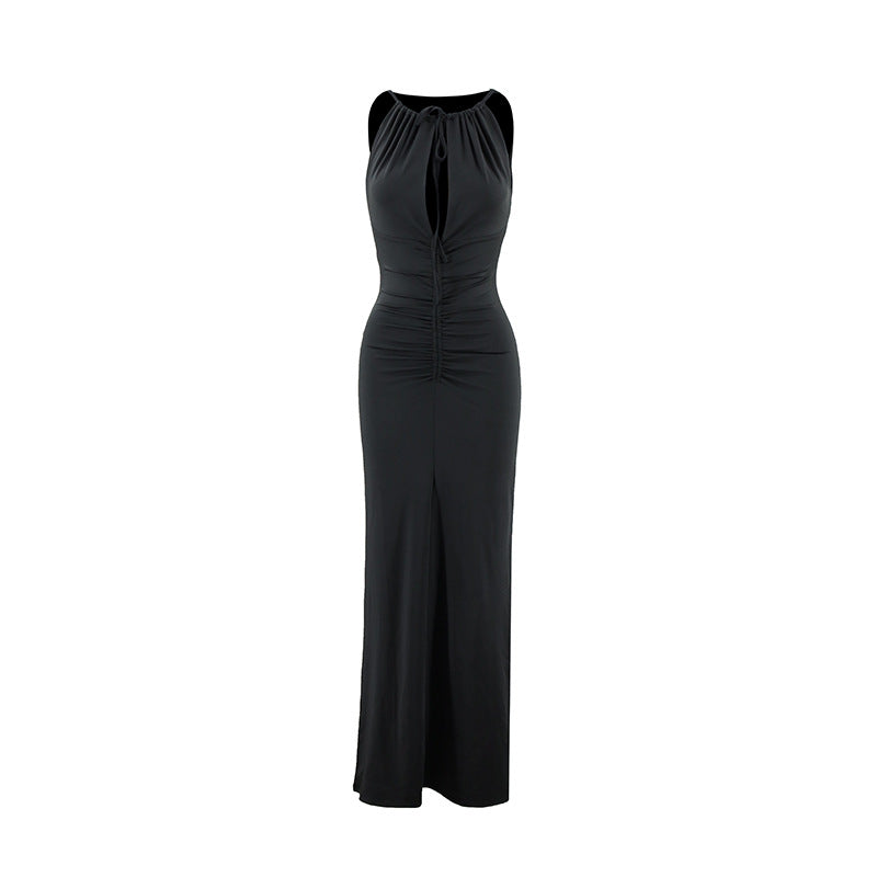 Halter Neck Keyhole Ruched Front Sleeveless Maxi Dress 5
