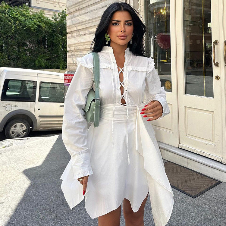 French Stand up Collar Long Sleeved Dress Women Autumn Irregular Asymmetric Hem High Waist Lace up A line Dress