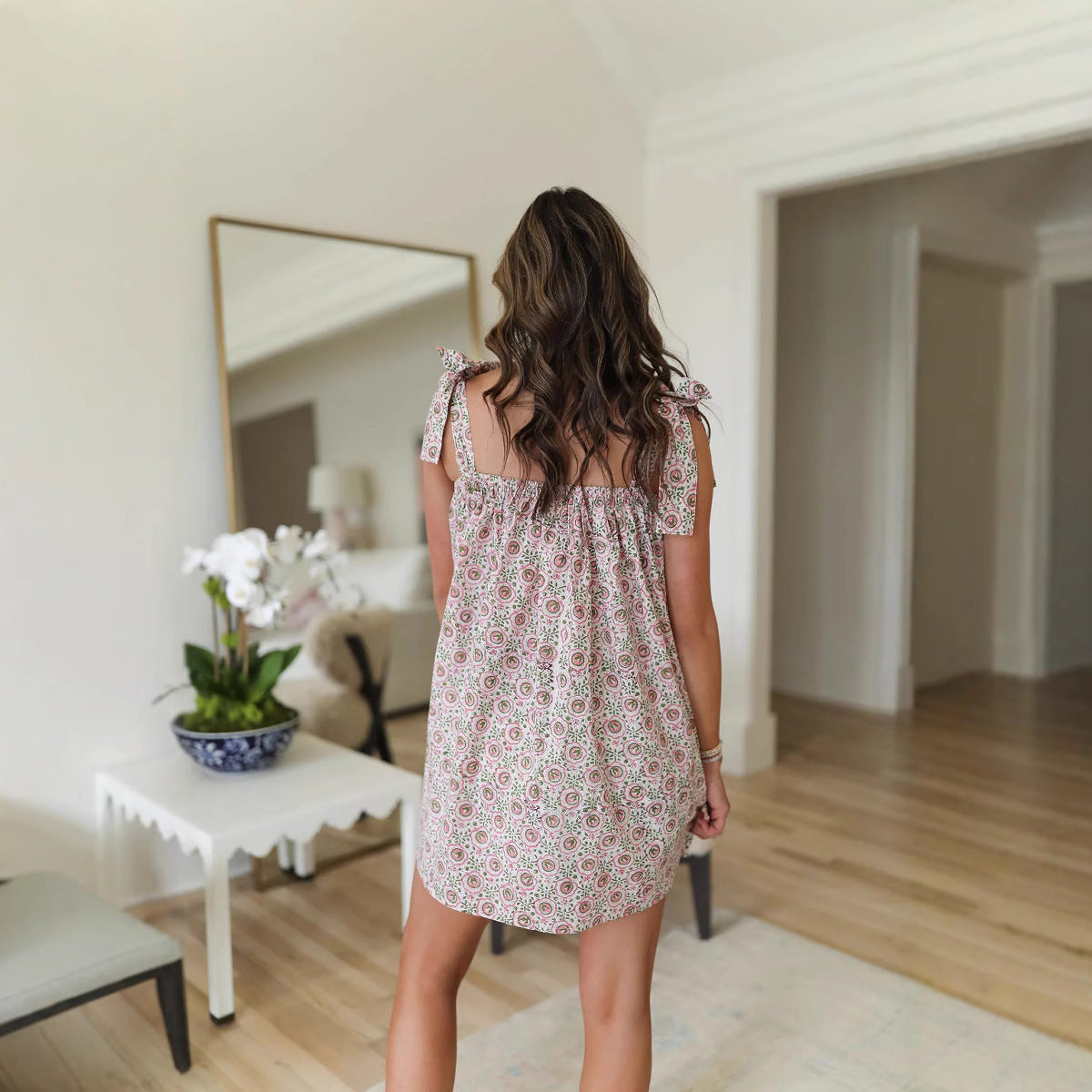 Spring Summer Women Clothing French Vintage Floral Printed Loose Casual Strap Dress