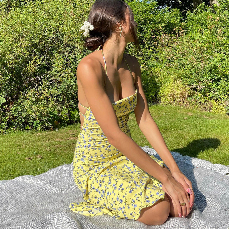 Halter Neck Floral High Split Backless Slip Maxi Dress