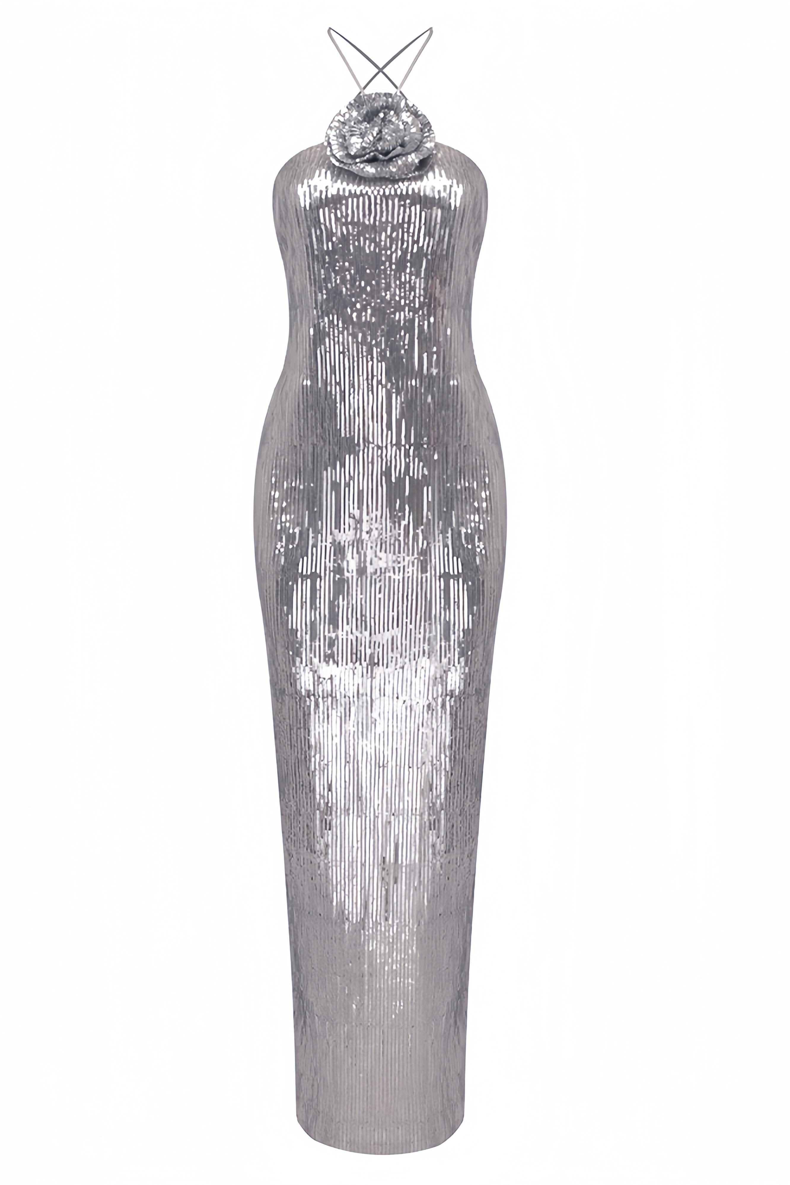 Soraya Silver Sequin 3D Floral Maxi Dress