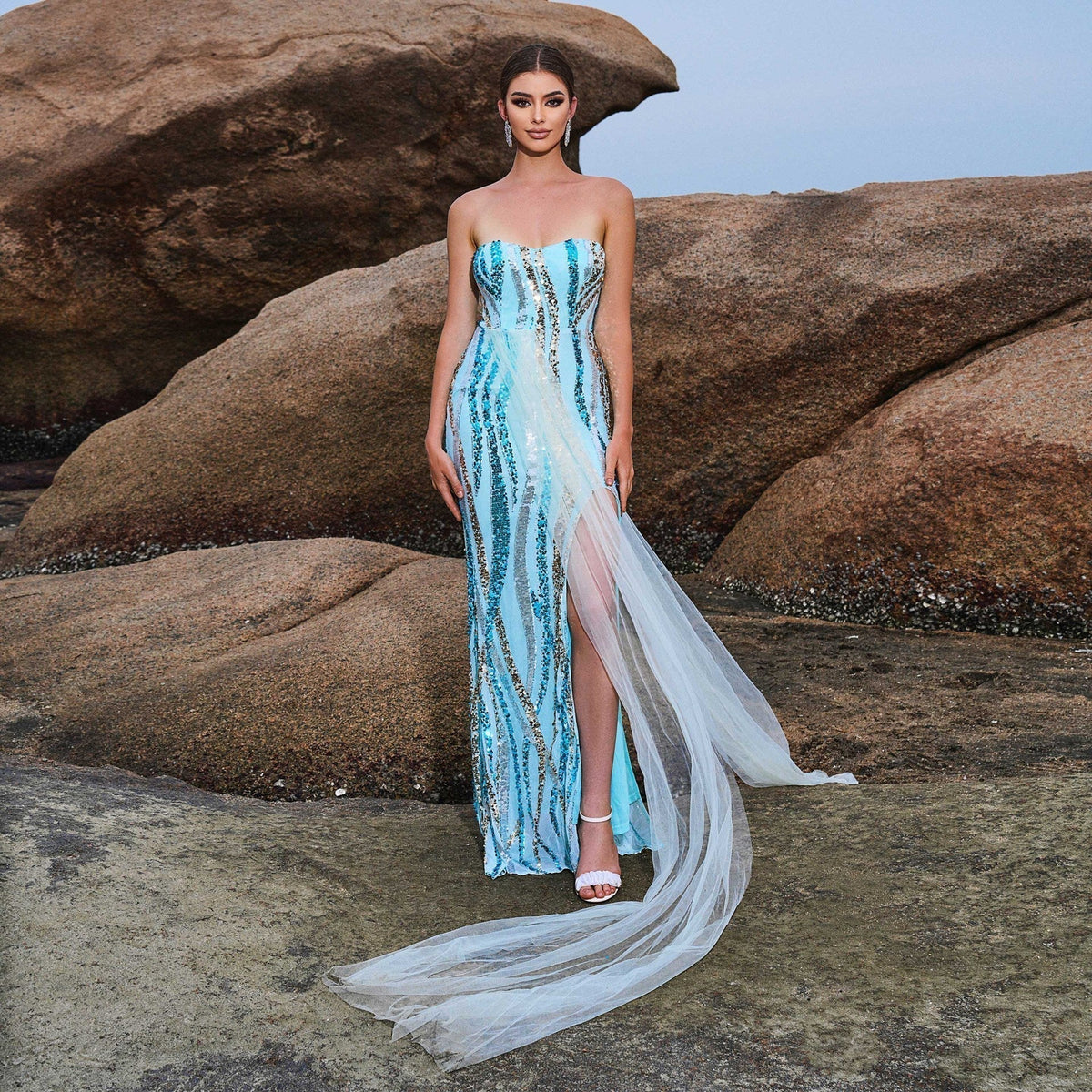 Sequin Strapless Sweetheart High Split Mermaid Evening Gown