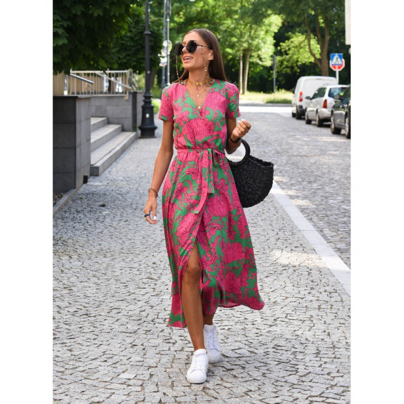 Floral Print Deep V-Neck Short Sleeve Wrap Belted High Split Maxi Summer Dress