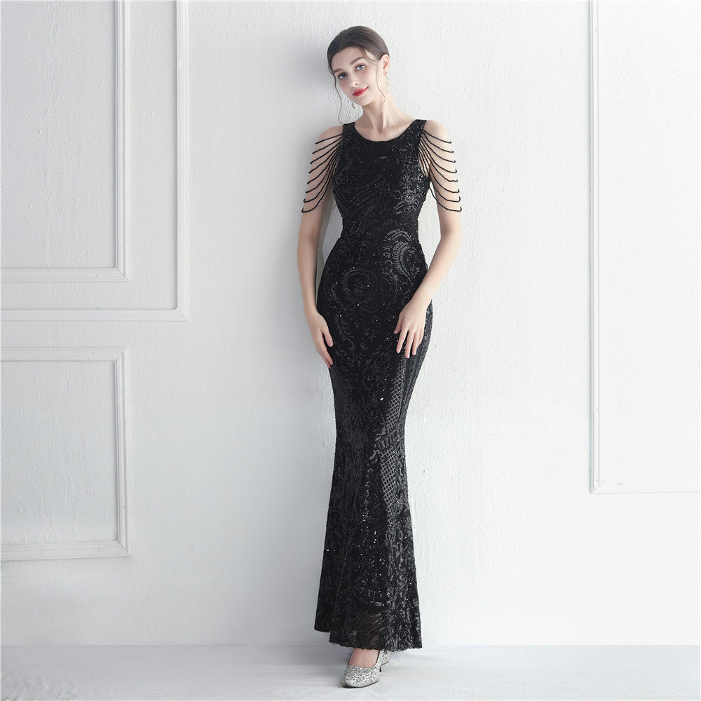 Sequin Beaded Round Neck Fringe Mermaid Maxi Gown