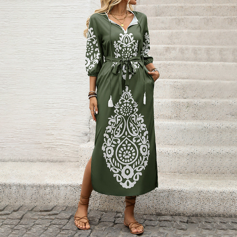 Paisley Print Tie Neck Tassel Belted Side Split Midi Dress 2